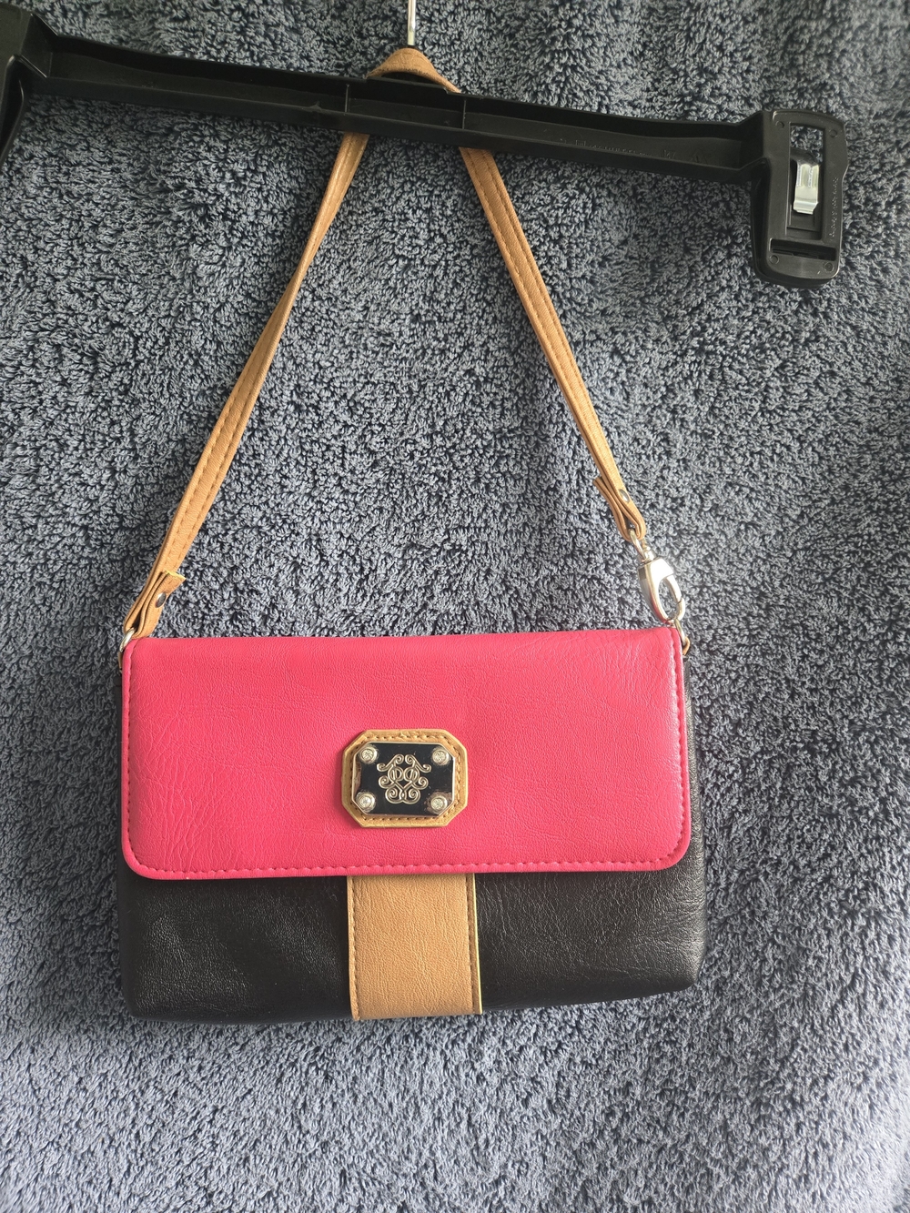 Women’s Pink and Black Colorblock Crossbody Bag with Tan Strap
